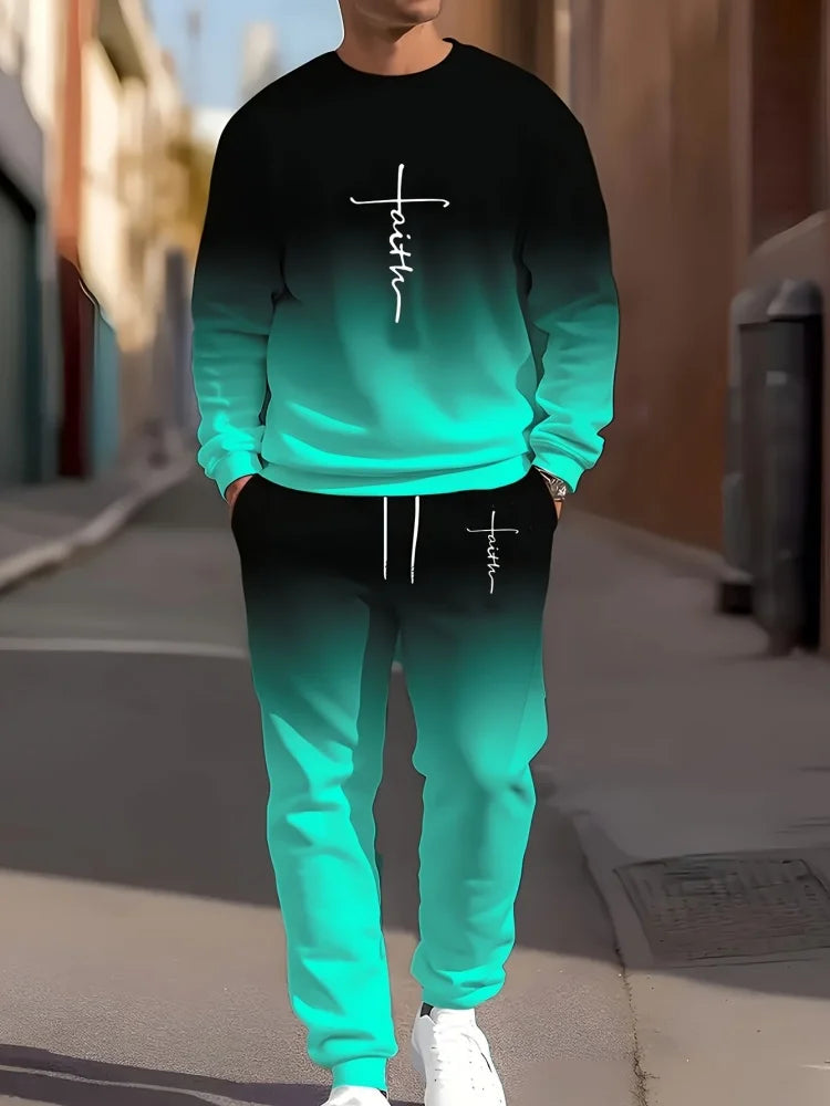 Ombre Print Hoodie & Jogger Set - Black / Teal