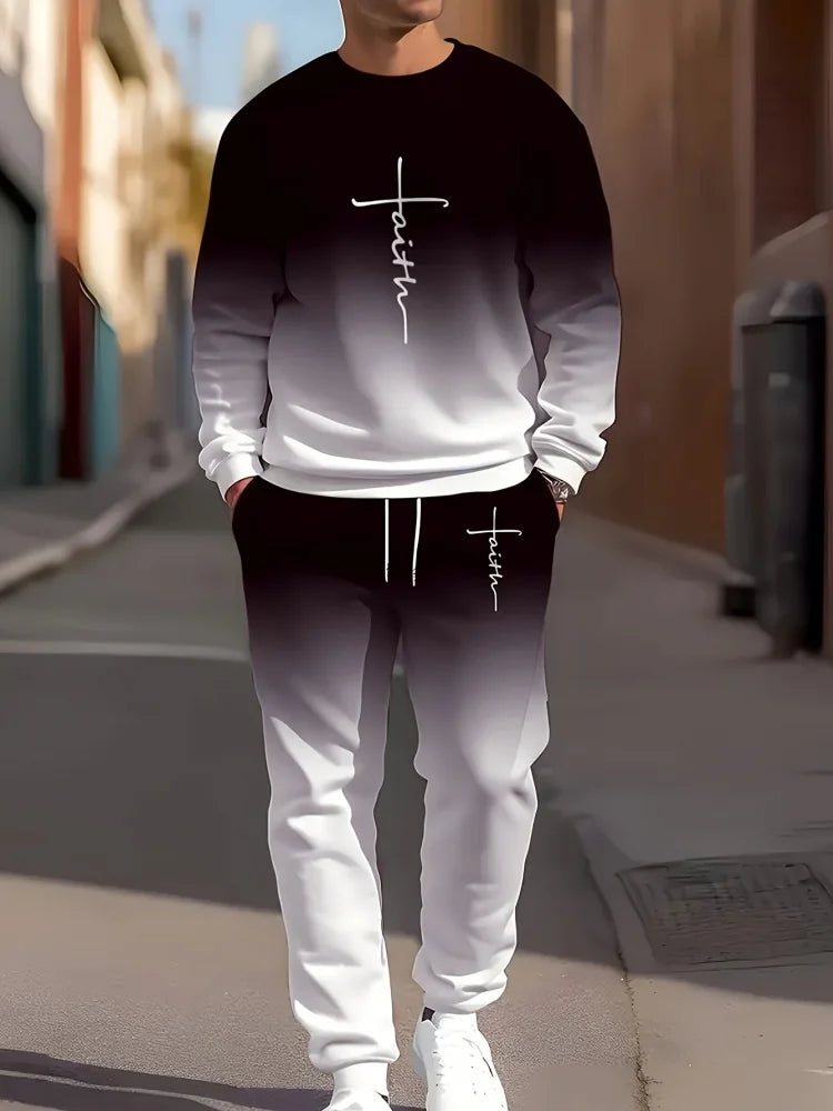 Ombre Print Hoodie & Jogger Set - Black / White